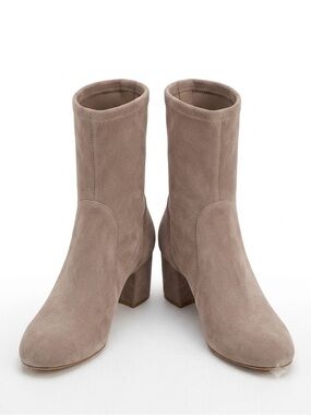 Stuart Weitzman Taupe Suede Stretch Sock Mid Block Heel Ankle Boots 8.5 NWT